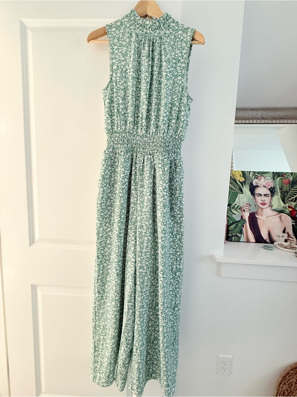 Sleeveless Mint Green Floral Maxi Dress with Smocked Waist